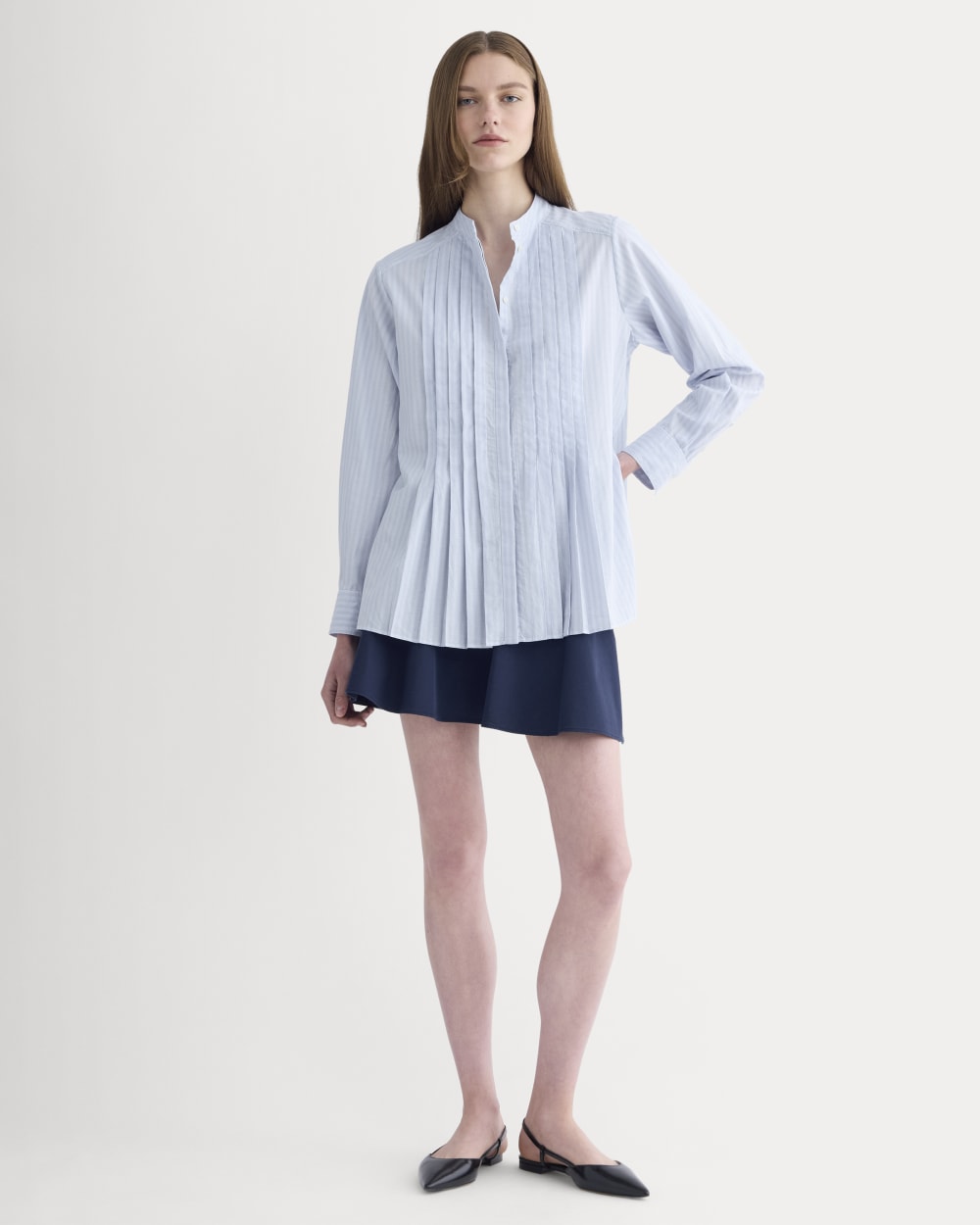 The Pleated Shirt in Silky Cotton | Forever Blue / Optic White - Image 3
