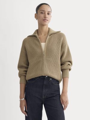 The Full-Zip Sweater in Everyday Cotton | Dark Heathered Camel