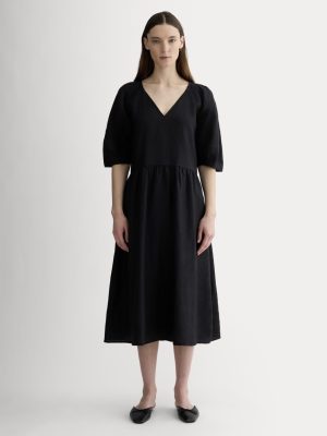 The Linen Oversized Puff-Sleeve Dress | Black