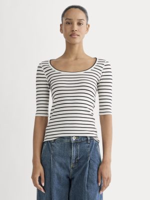 The Luxe Rib Scoop-Neck Tee | Bone / Black