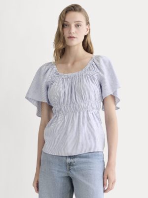The Flutter-Sleeve Top in Stretch Linen | White / Dutch Blue
