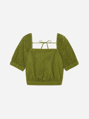 The Eyelet Puff Sleeve Top | Moss