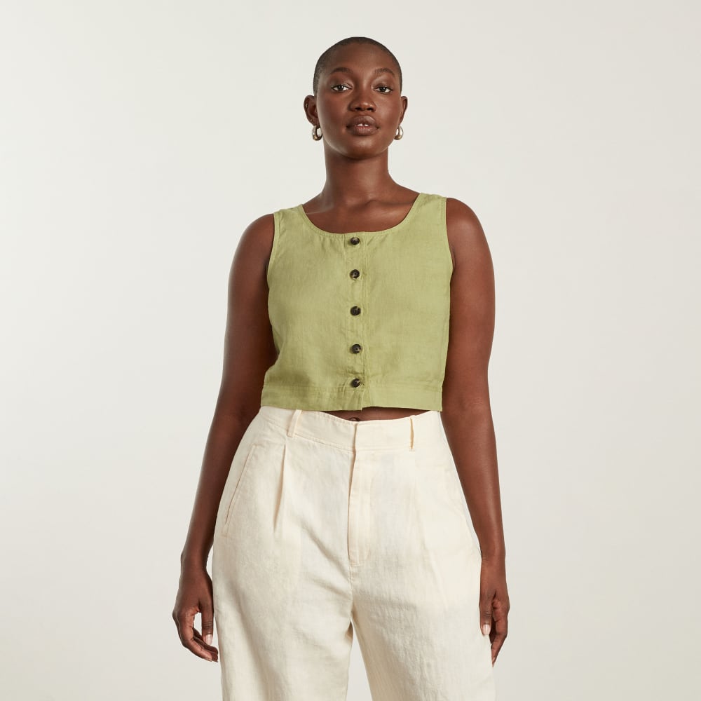 The Linen Button-Front Crop Tank | Leek - Image 2