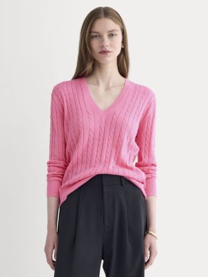 The Cable V-Neck in Cotton Cashmere | Deep Pink