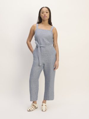 The Linen Side-Button Jumpsuit | White / Blue