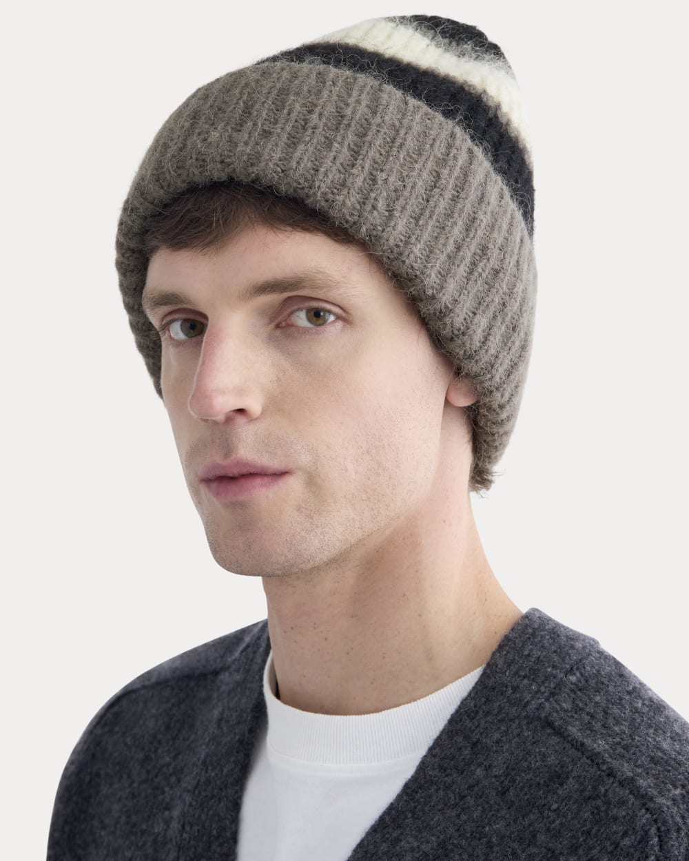 Plush Alpaca Beanie | Mid Grey Heather/Black/Bone - Image 2