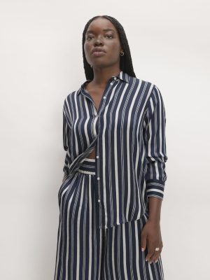 The Satin Relaxed Shirt |  Navy / Bone