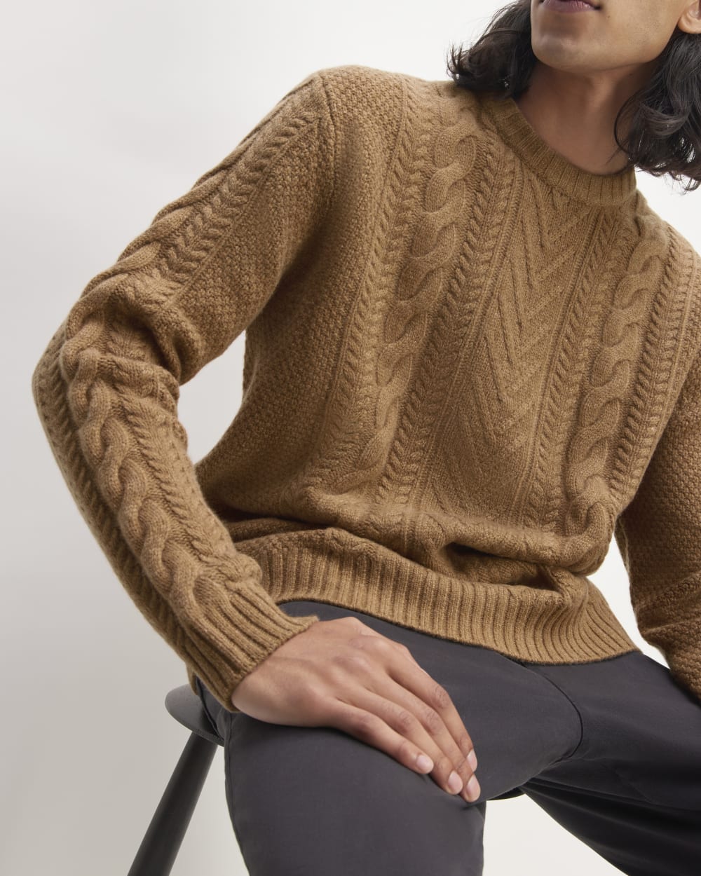 The Felted Merino Cable-Knit Crew | Deep Camel - Image 4