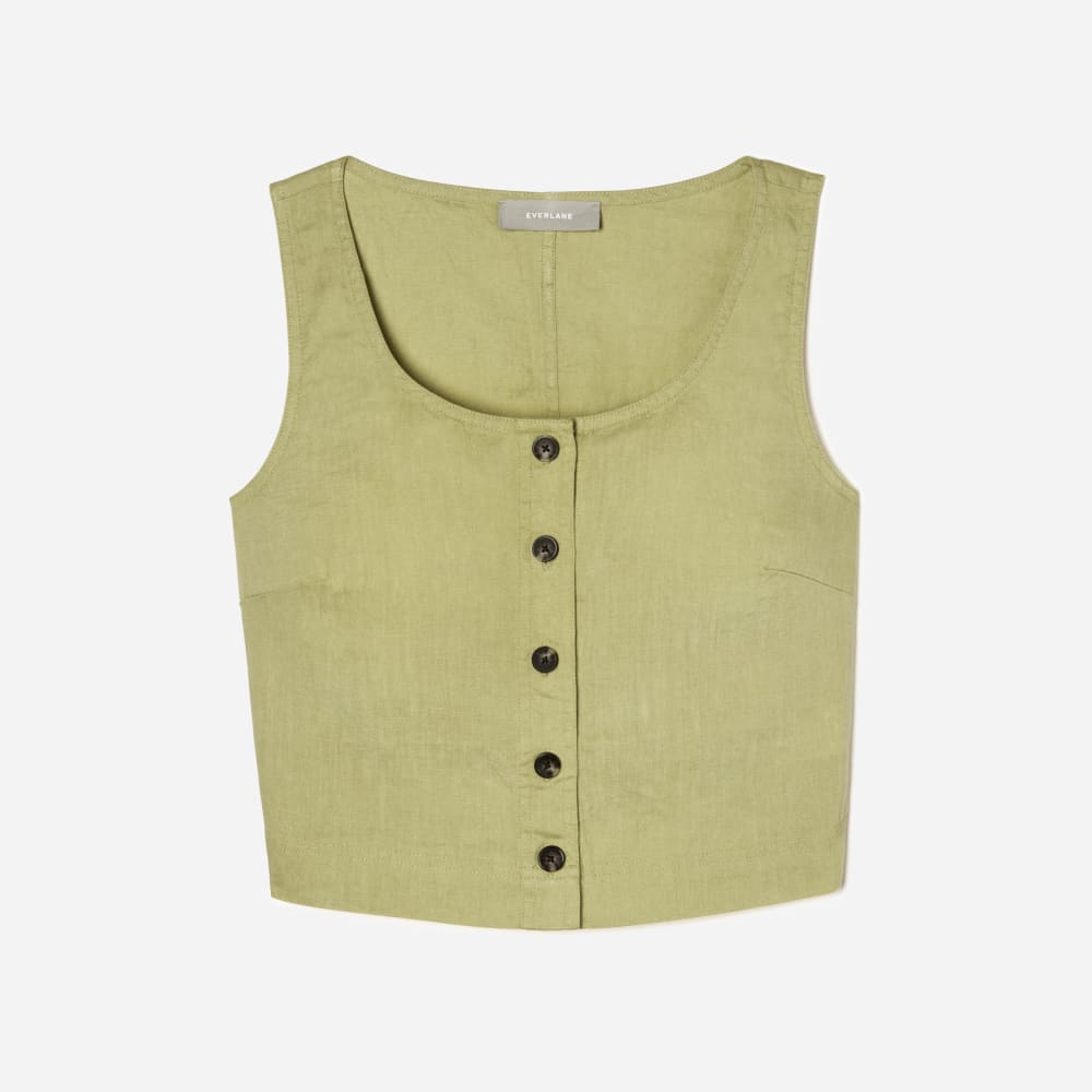 The Linen Button-Front Crop Tank | Leek