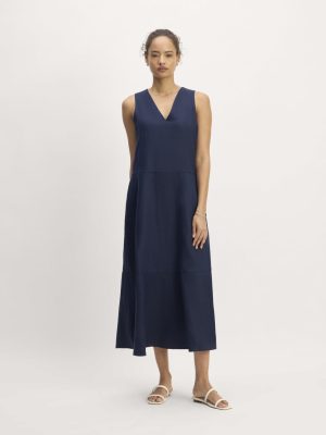 The Linen V-Neck Maxi Dress | Navy