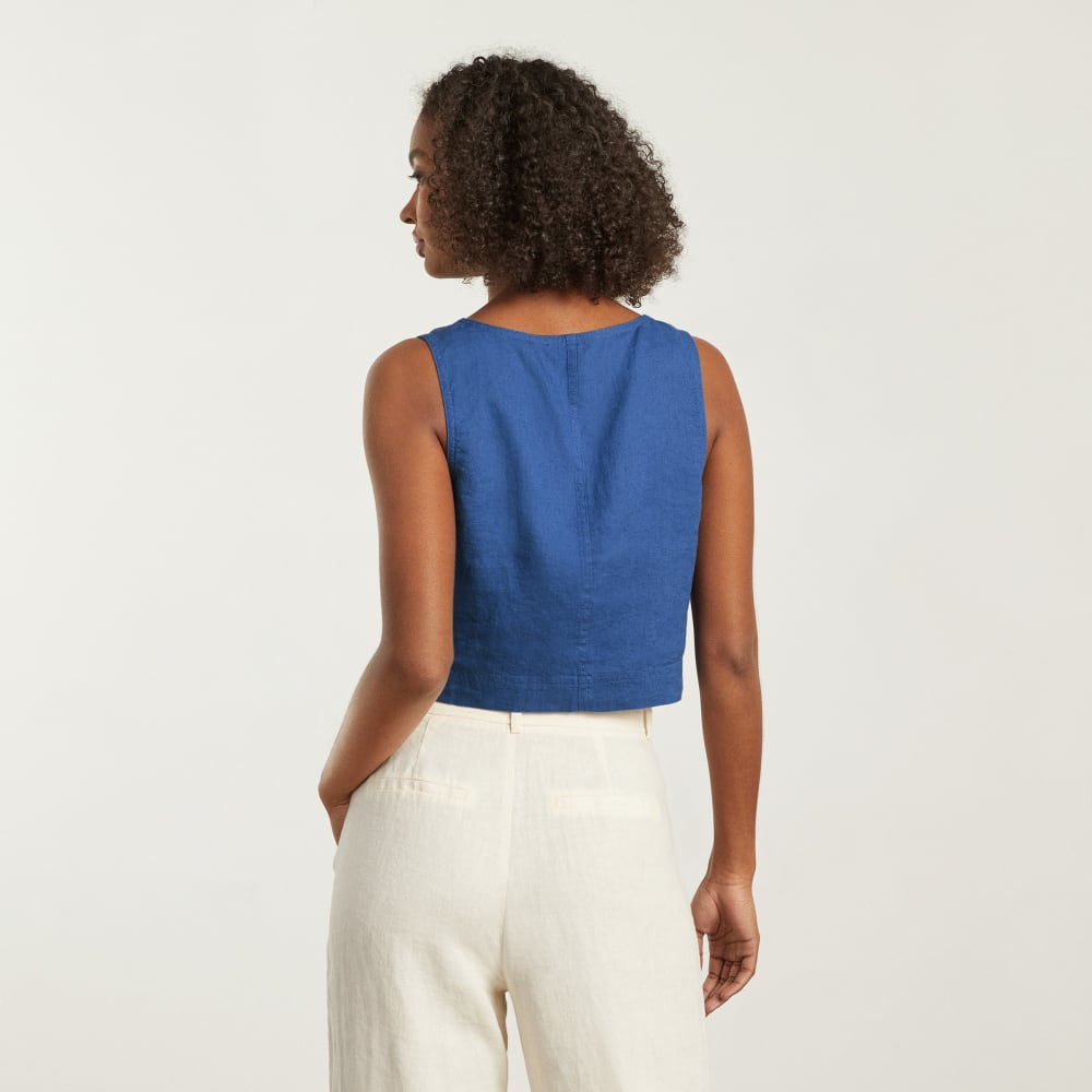 The Linen Button-Front Crop Tank | Deep Blue - Image 3