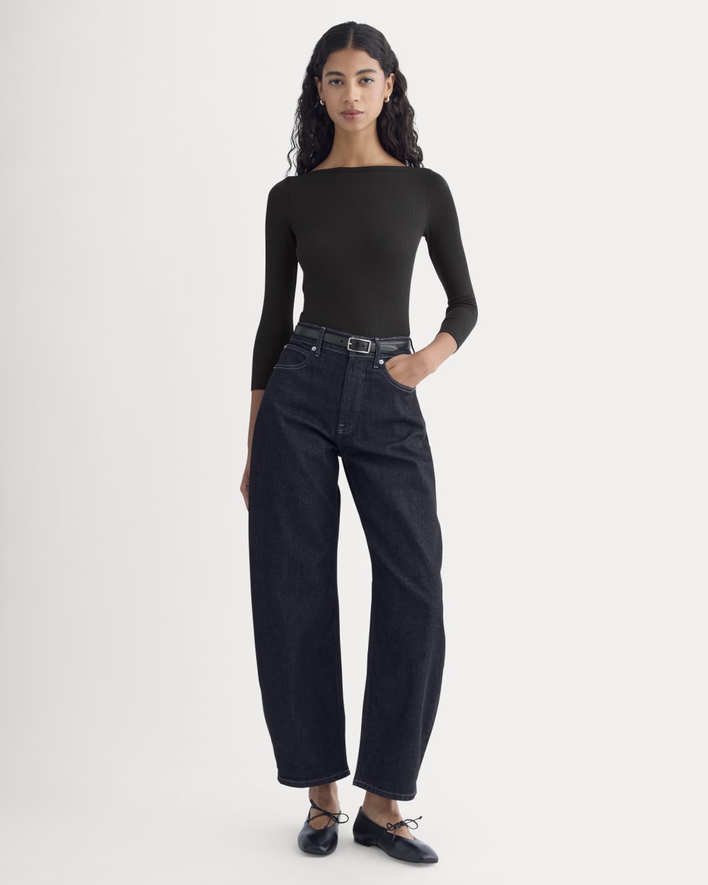 Luxe Rib 3/4 Sleeve Boatneck Tee | Black - Image 3