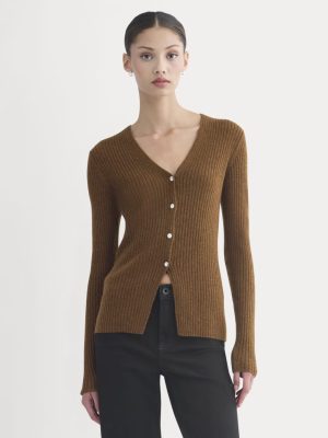 Cashmere Ribbed V-Neck Cardigan | Heathered Toffee