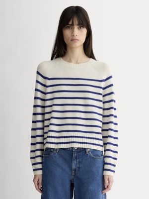The Boxy Crew in Cashmere | Soft White / Deep Blue