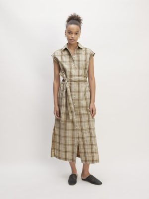 The Supima? Cotton Short-Sleeve Shirt Dress | Pale Khaki Plaid