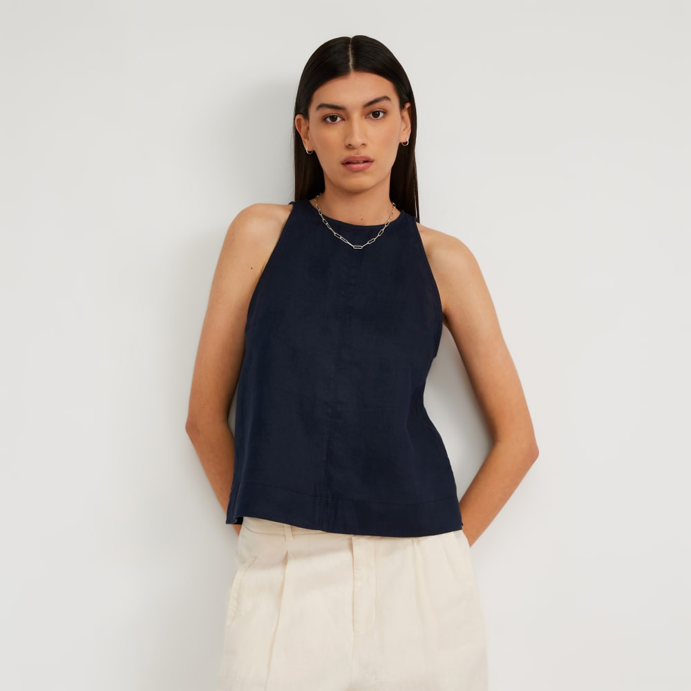 The Linen High-Neck Tank | Navy