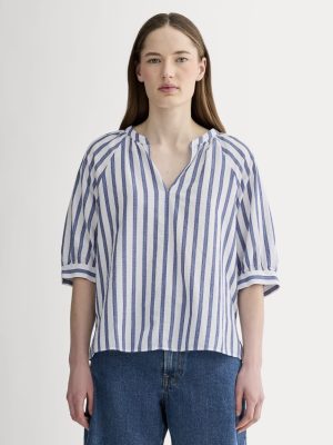 The Gauze Gathered Top | White / Mazarine Blue