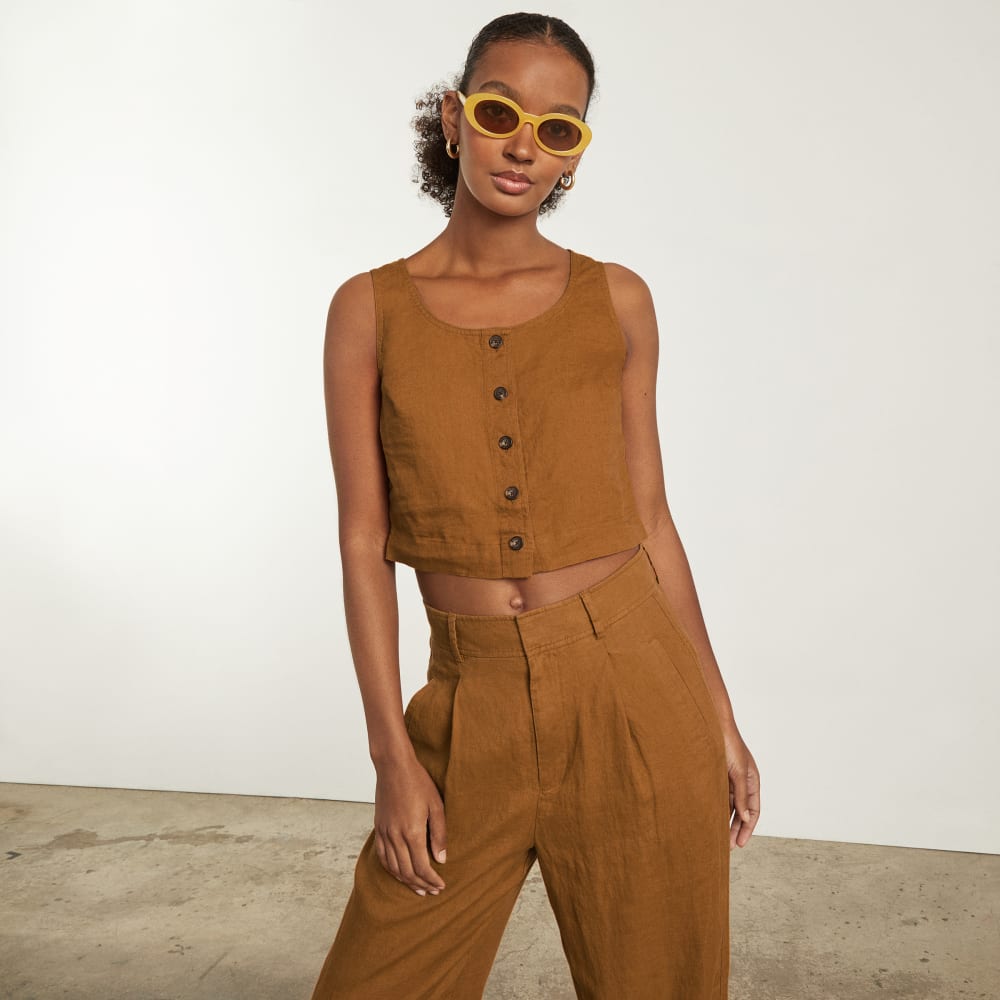 The Linen Button-Front Crop Tank | Tawny Brown - Image 6