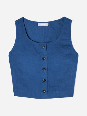 The Linen Button-Front Crop Tank | Deep Blue