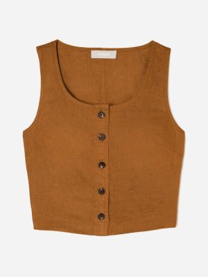 The Linen Button-Front Crop Tank | Tawny Brown