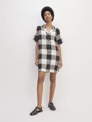 The Shirtdress in Linen | Bone / Black Check