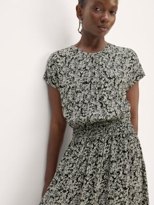 The Gathered Midi Dress | Black / Bone Mini Floral