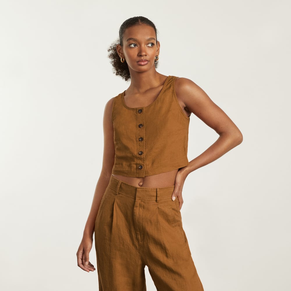 The Linen Button-Front Crop Tank | Tawny Brown - Image 2