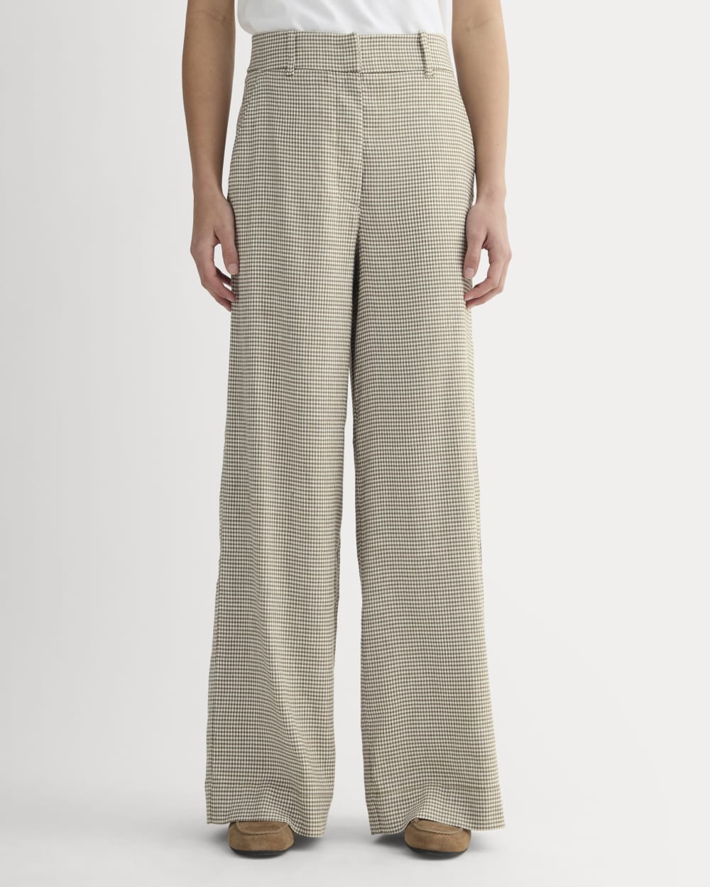 The Wide-Leg Pant in Stretch Linen | Deep Taupe Mini Gingham - Image 3