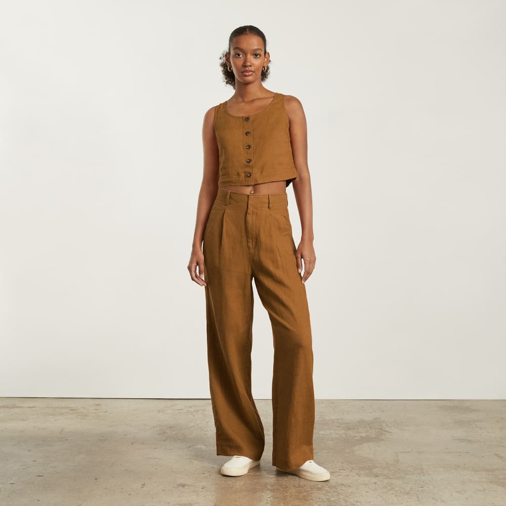 The Linen Button-Front Crop Tank | Tawny Brown - Image 5