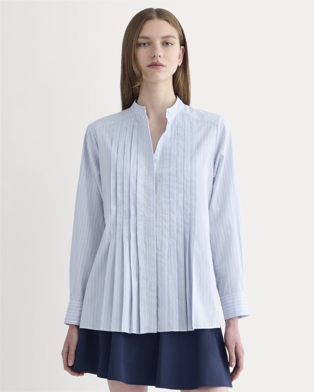 The Pleated Shirt in Silky Cotton | Forever Blue / Optic White