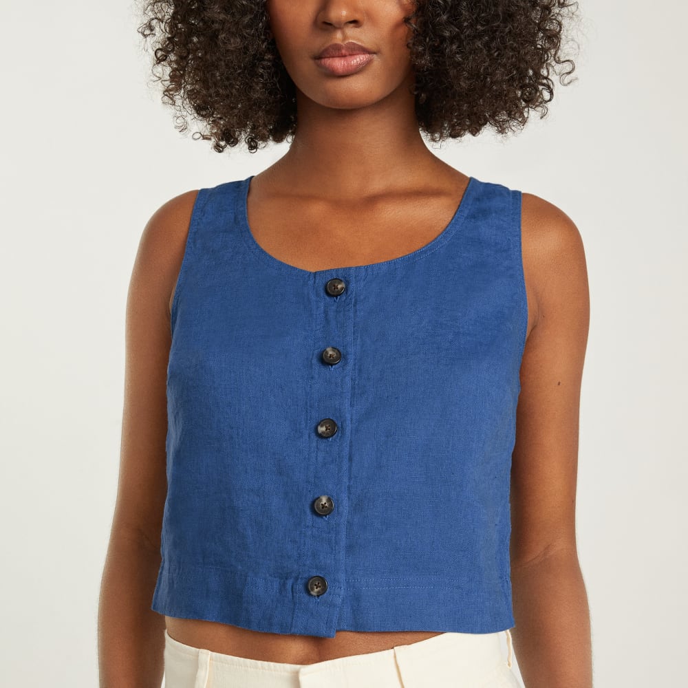 The Linen Button-Front Crop Tank | Deep Blue - Image 5