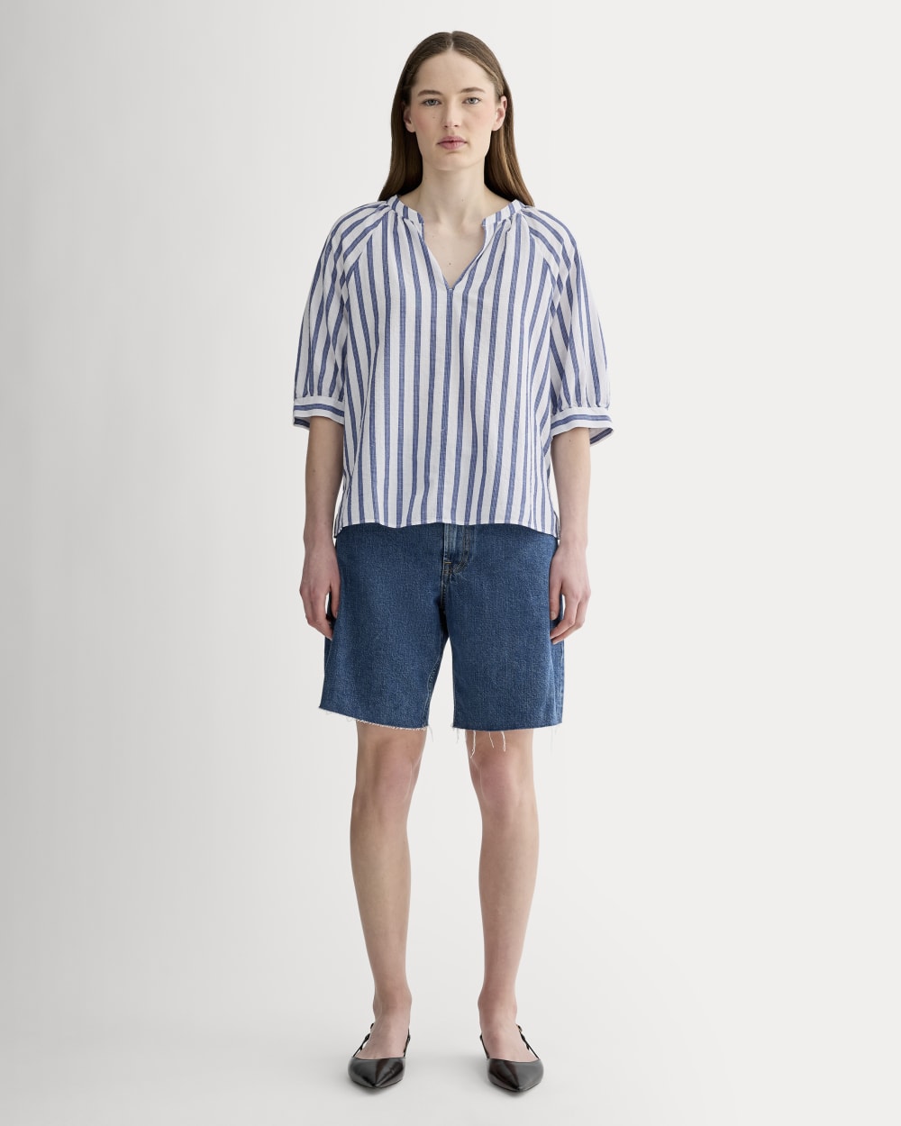 The Gauze Gathered Top | White / Mazarine Blue - Image 3