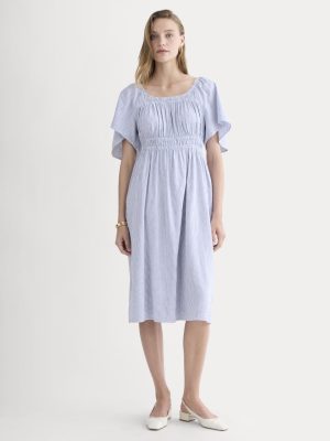 The Flutter-Sleeve Dress in Stretch Linen | White / Dutch Blue
