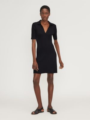 The Ribbed Short-Sleeve Polo Dress | Black