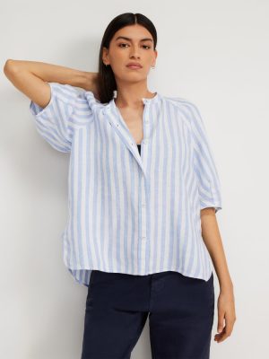 The Linen Puff Sleeve Shirt | Blue / White