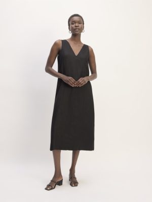 The Linen V-Neck Midi Dress | Black