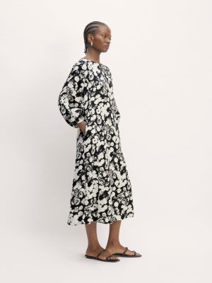 The Linen A-Line Midi Dress | Black / Bone Floral