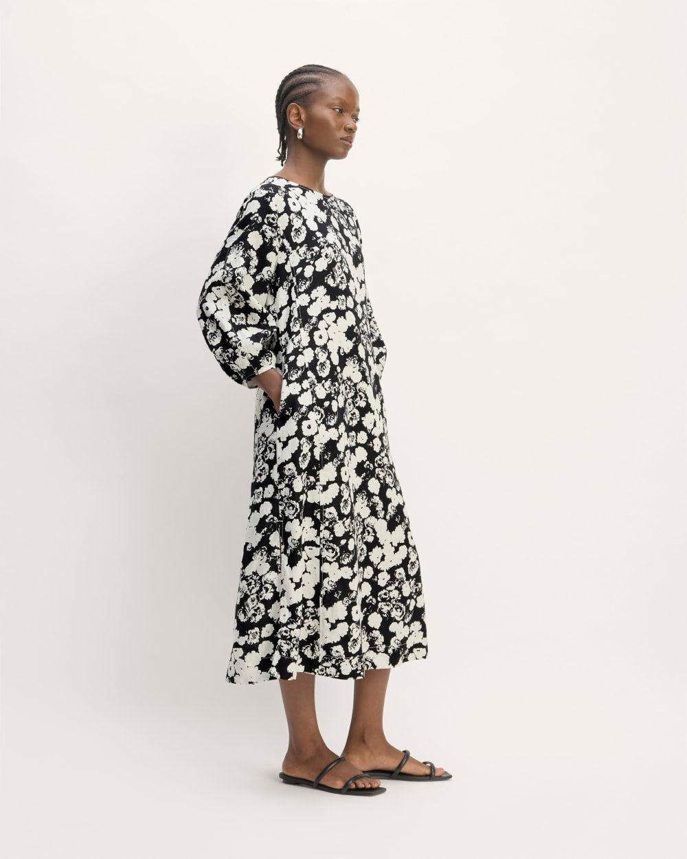 The Linen A-Line Midi Dress | Black / Bone Floral