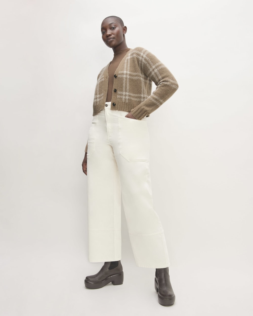 The Alpaca V-Neck Cropped Cardigan | Wheat / Lightest Taupe - Image 3